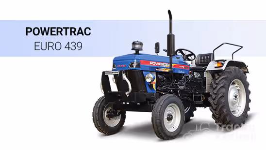 Powertrac Euro 439 Loadmaxx Tractor with White Background & Blue Strip